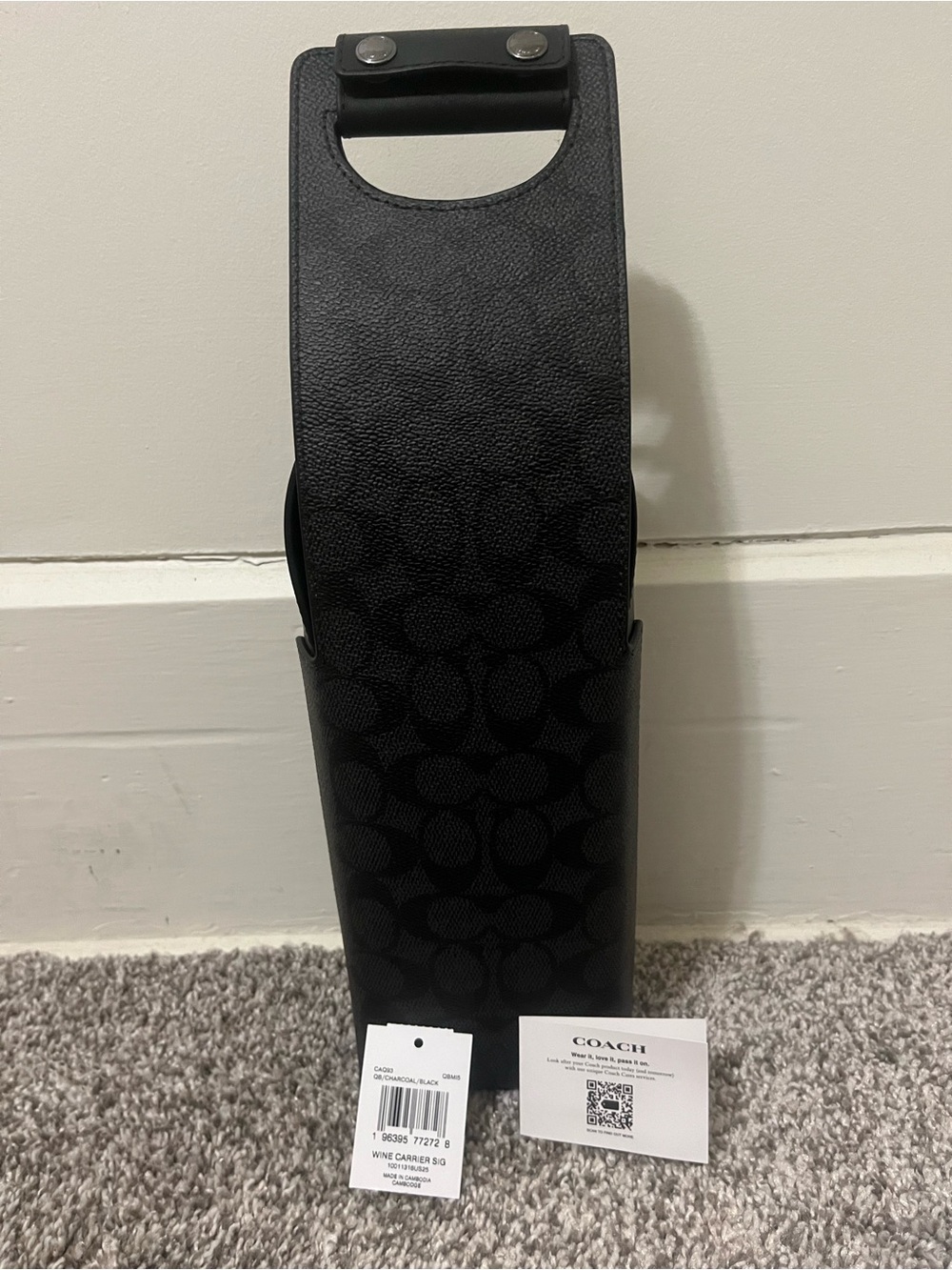 Coach Black/Charcoal Signature Leather Wine Carrier with Top Handle